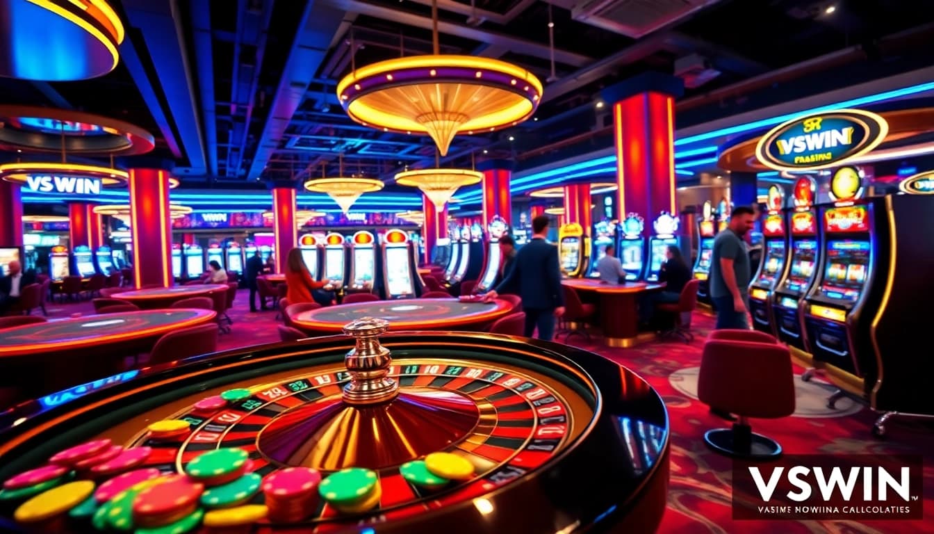 Excited players enjoying games at VSWIN casino, showcasing roulette and slot machines.