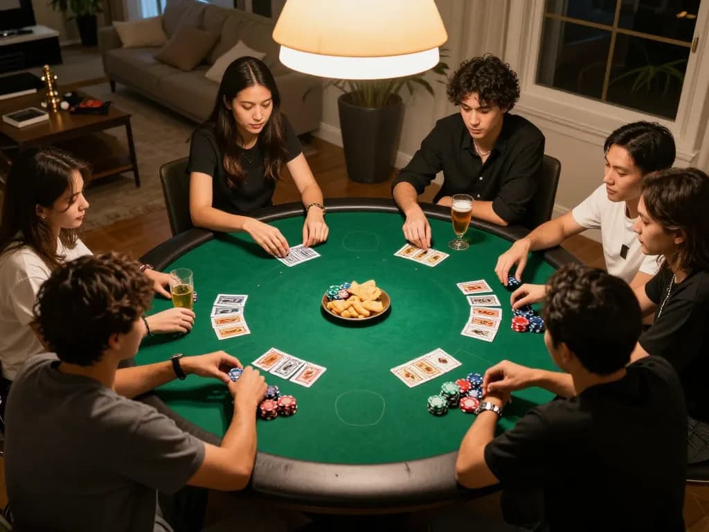 Friends enjoying an exciting poker night at home, featuring NET88 cards and chips on the table.