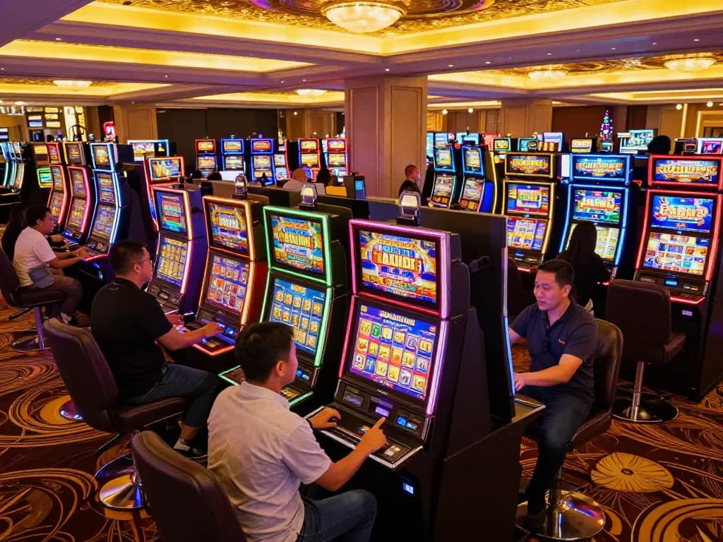 Engaging slot gacor gameplay in a vibrant casino atmosphere with players at colorful machines.