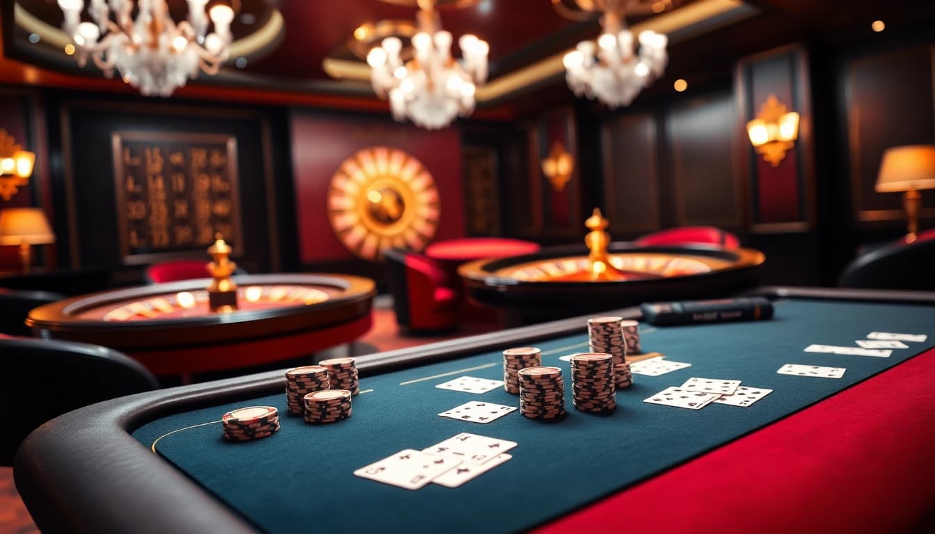 Experience the thrill of gaming at https://mb66-t.com/ with a luxurious poker scene highlighting chips and cards.