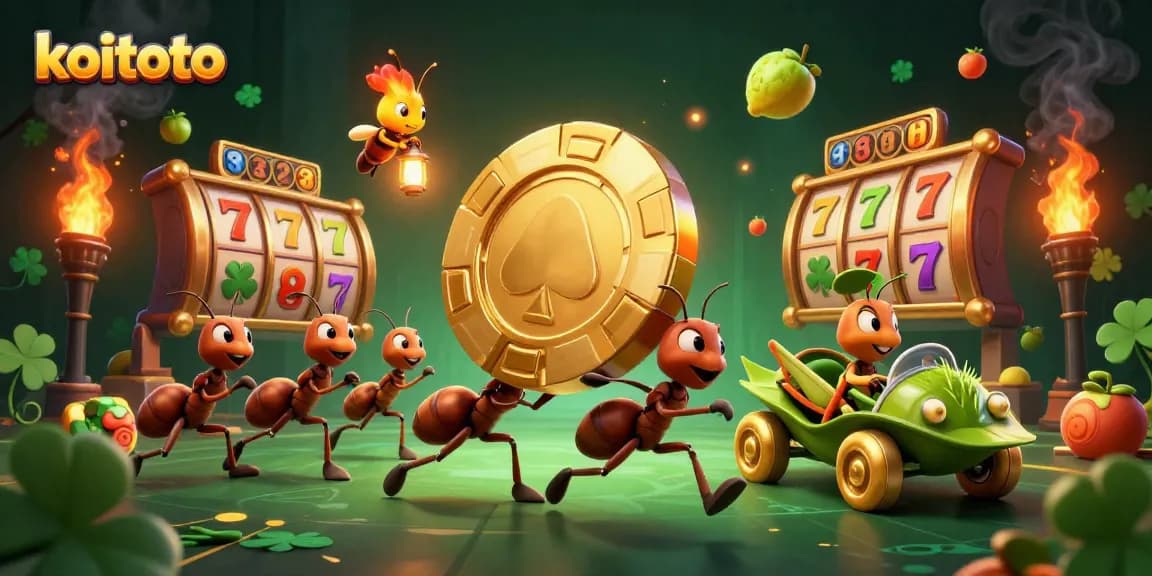 Koitoto showcases a team of ants heisting a giant poker chip amidst dynamic slot game elements.
