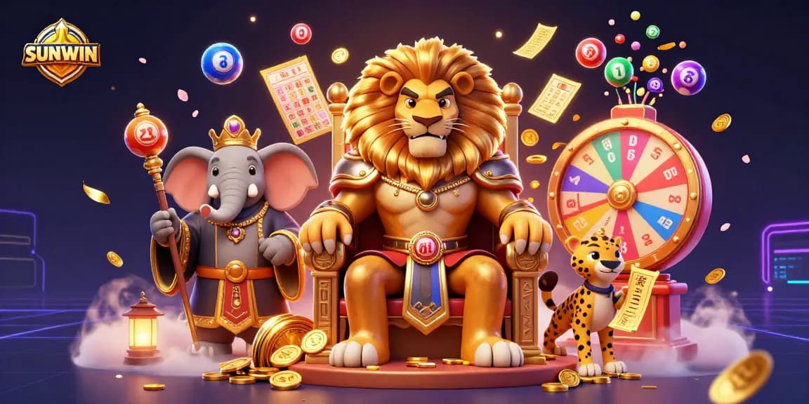 SUNWIN presents a vibrant 3D casino scene with a majestic lion king, dynamic game elements, and an engaging atmosphere.
