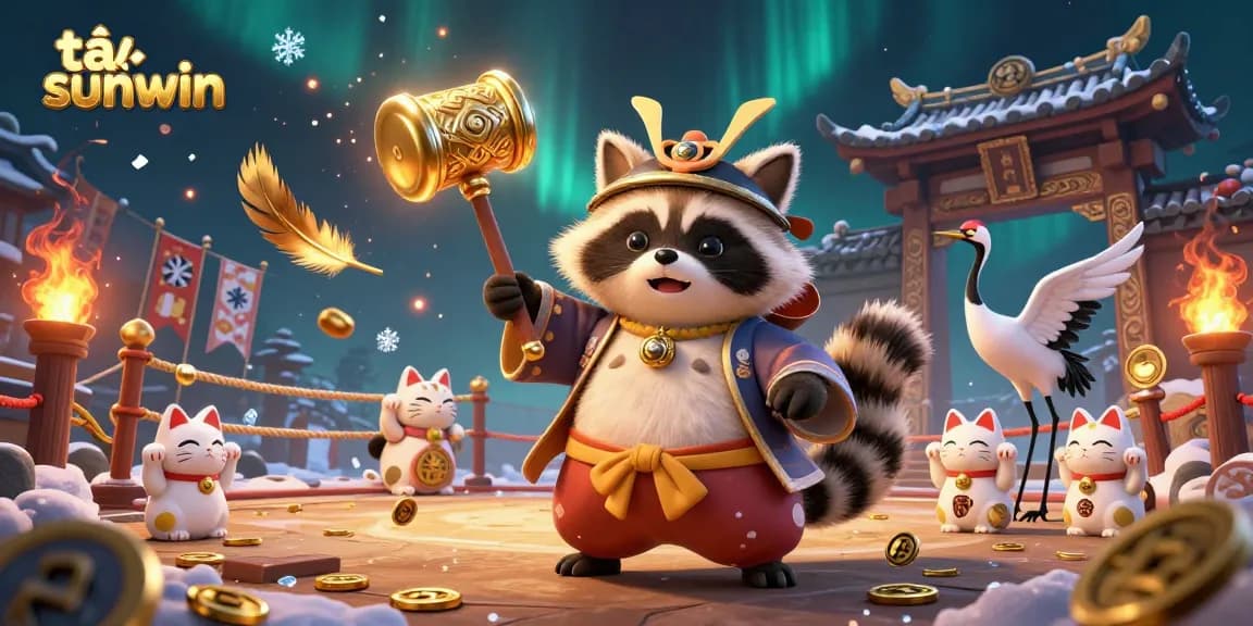 Engage with tải sunwin through this vibrant illustration of a cheerful tanuki and lucky symbols in an exciting casino atmosphere.