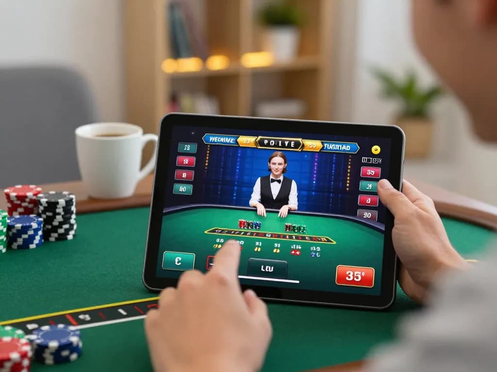 Player engaging in an immersive rr88 online blackjack game on a tablet in a cozy setting.