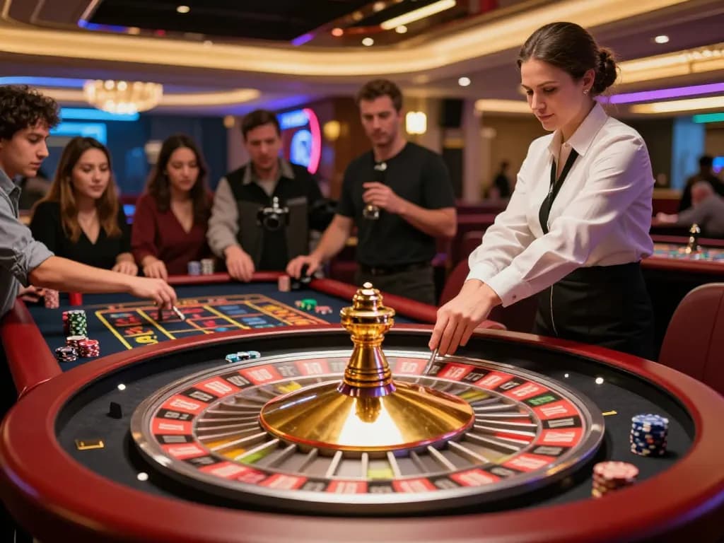 Engaged players at a dynamic VK88 roulette game, displaying excitement and chips in a modern casino environment.
