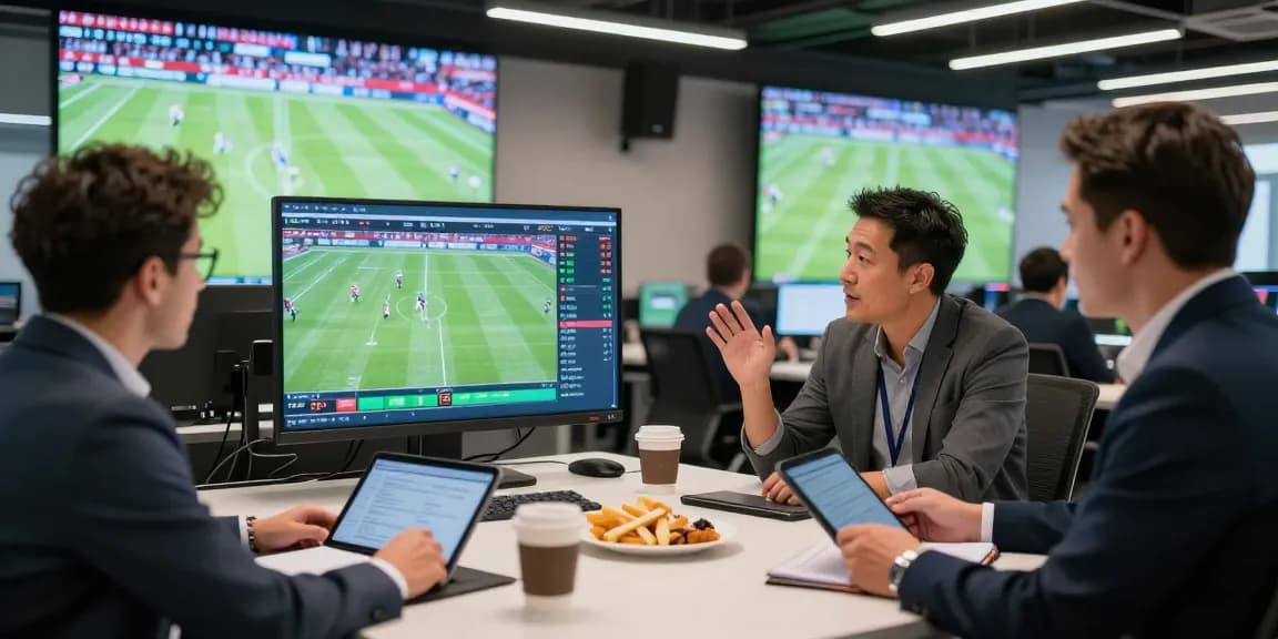 Sports analysts at https://soikeonhacai.com.co/ discussing live football odds in a modern betting hub.
