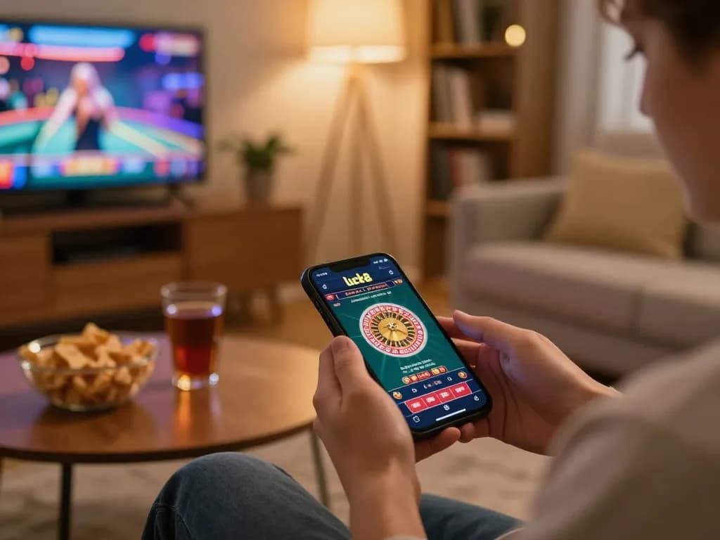 Person playing luck8 on smartphone during a cozy home gaming session.