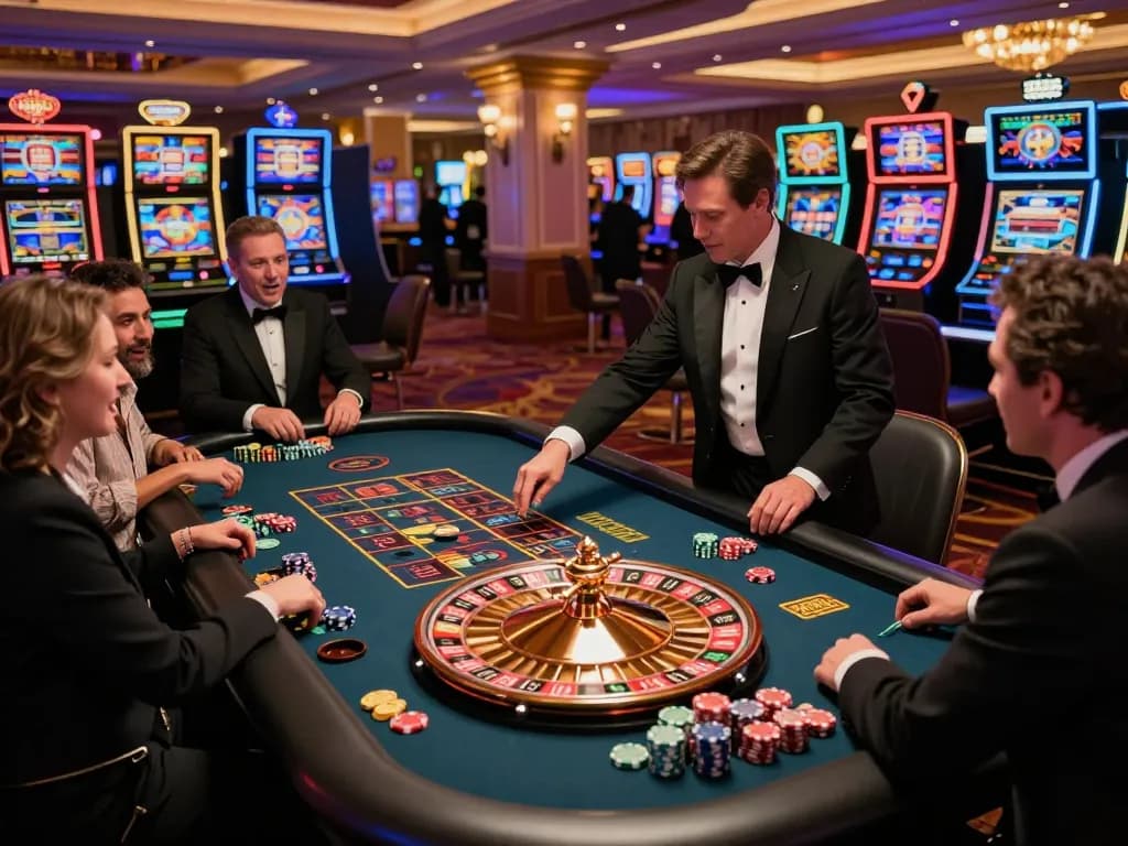 FC88 players thrill as they place bets at an exciting roulette table in a vibrant casino