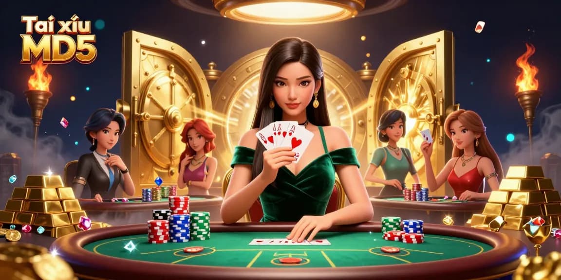 Experience Tài xỉu MD5 excitement at a lavish poker table with golden treasures and dynamic gameplay.