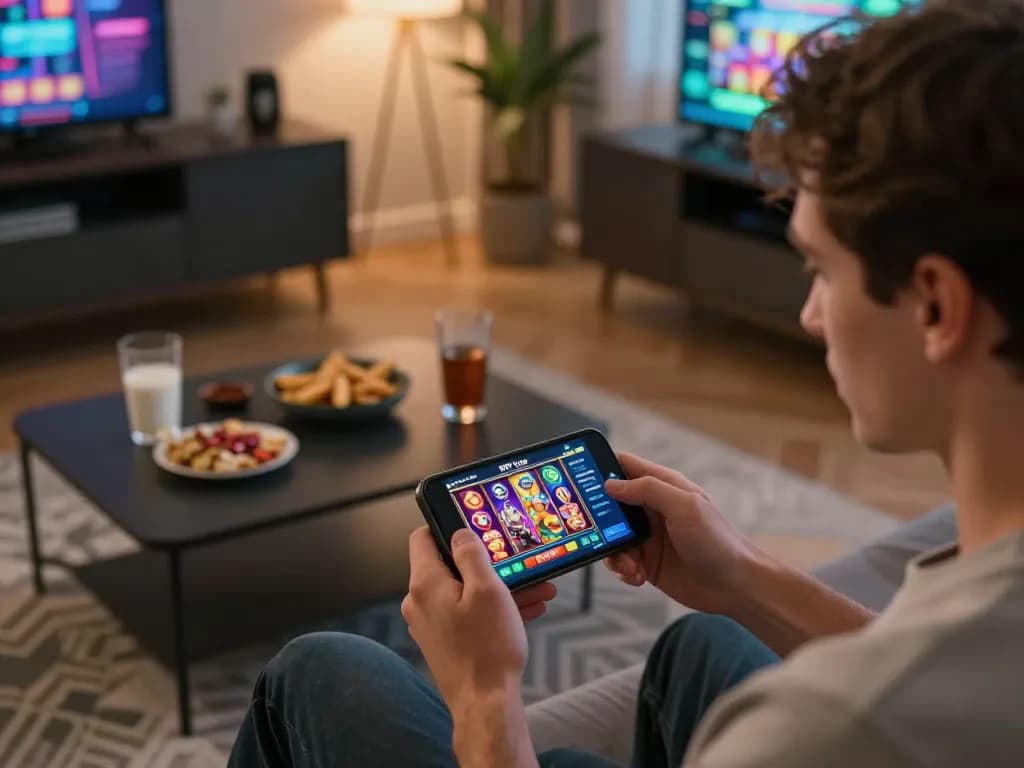 Engaging with RTP Live slot games on a smartphone in a casual living room.