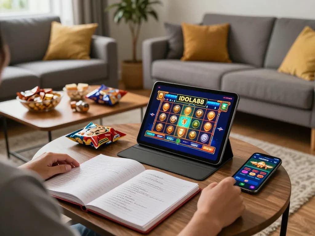 Sesi permainan IDOLA88 di tablet di ruang tamu yang nyaman, menampilkan permainan slot yang cerah.