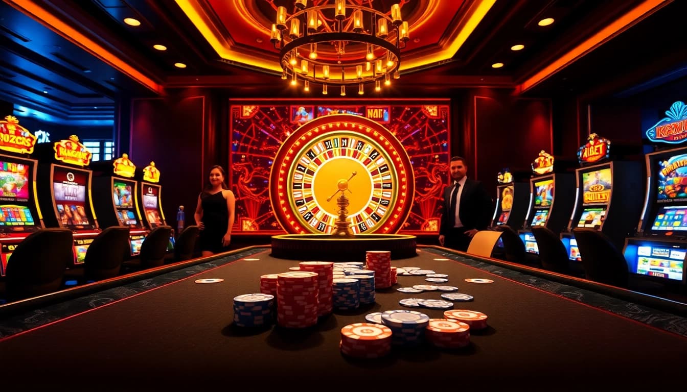 K88 online casino scene with poker table and roulette wheel creating an exciting gambling atmosphere.