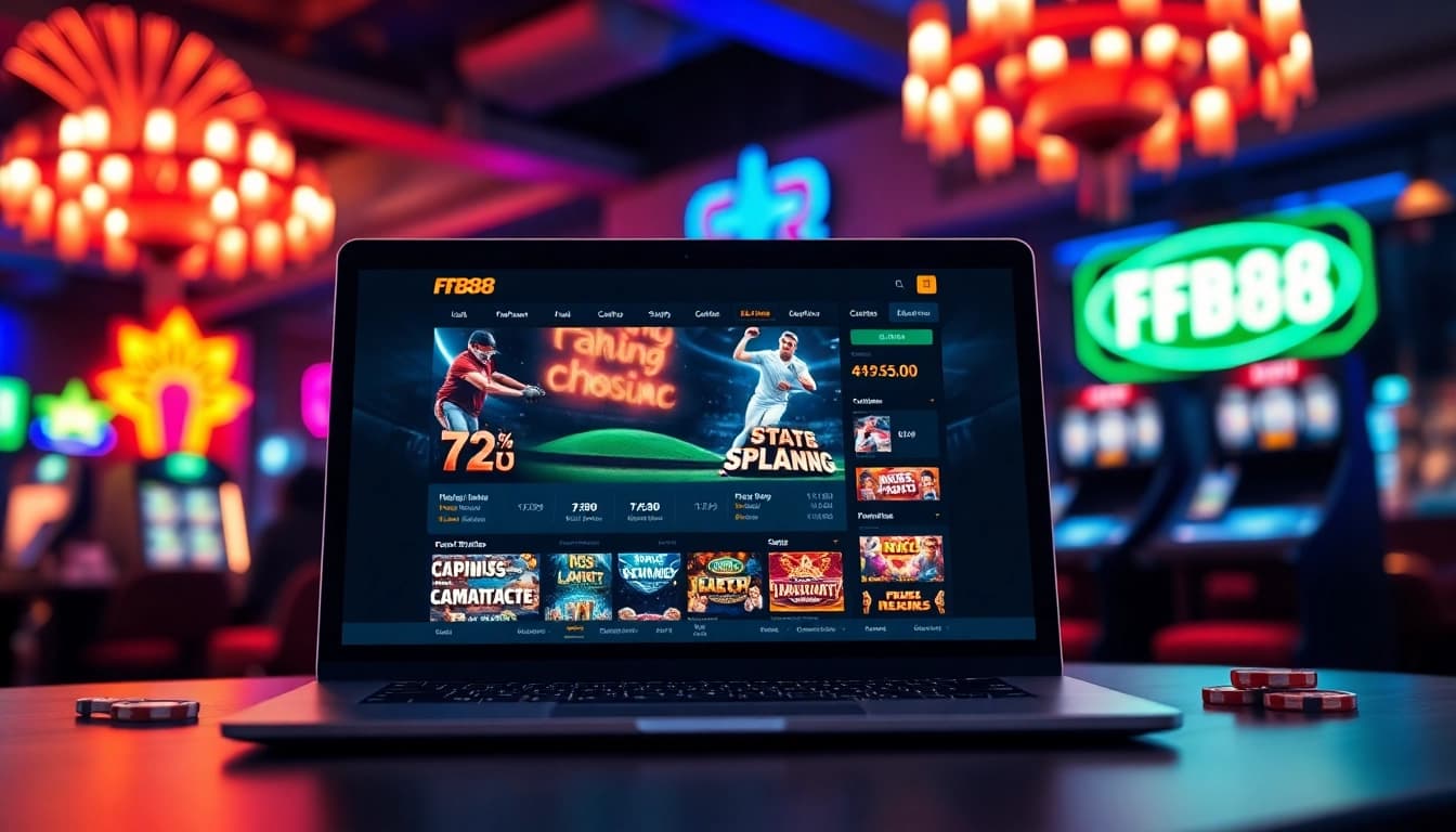 FB88 online betting platform displayed on a laptop with vibrant casino visuals.