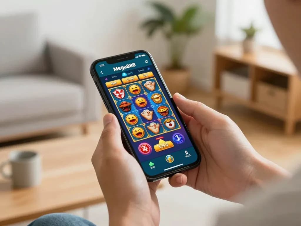 Mega888 mobile gameplay using a smartphone interface in a cozy home setting.