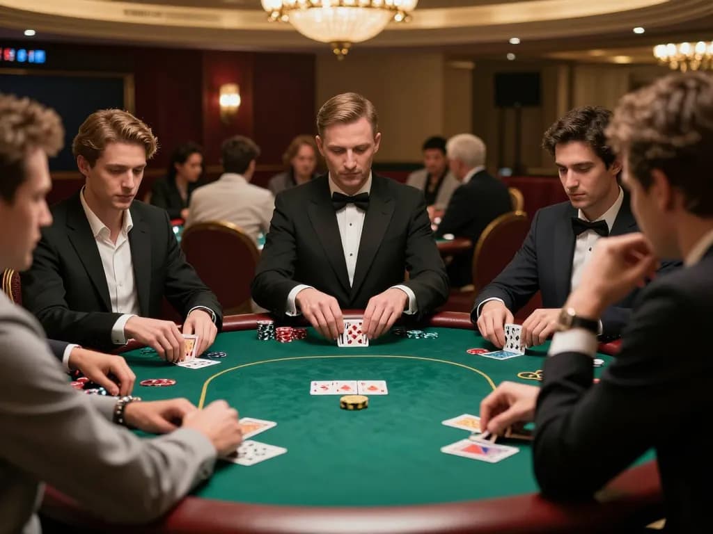 Betwin4d poker players strategizing their next moves at an upscale casino game table