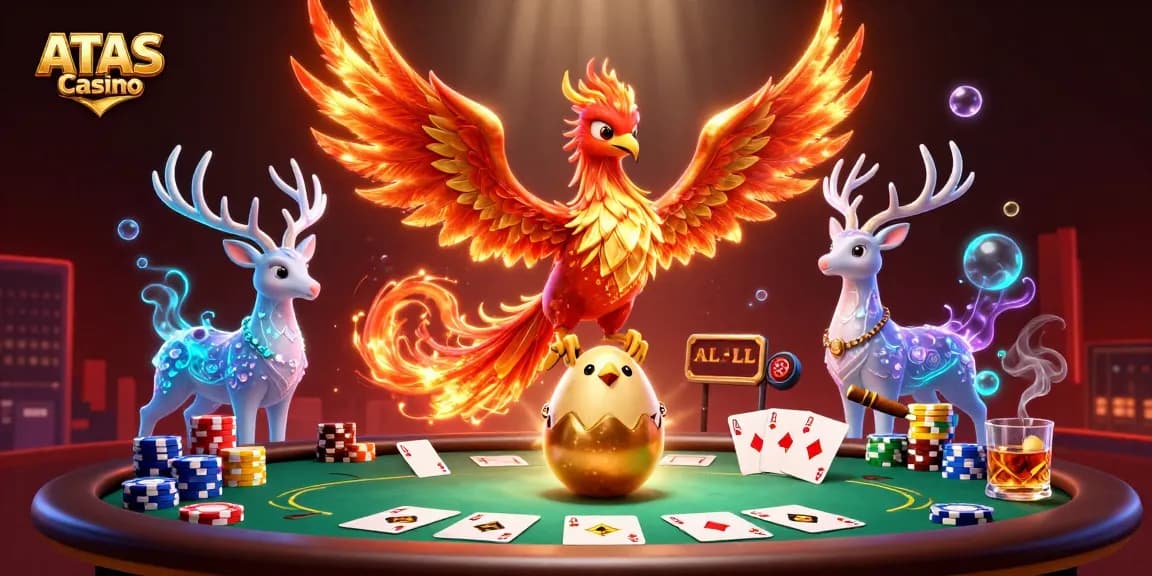 Engage in gripping gameplay at ATAS Casino with our stunning 3D scene showcasing vibrant characters and classic poker elements.