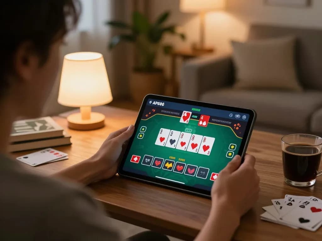 Pemain yang terlibat dalam permainan online AP686 di tablet, menampilkan strategi poker dan suasana yang nyaman.