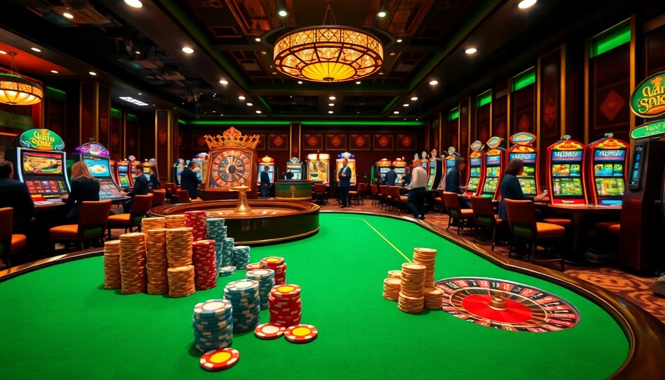Win55.com featuring a vibrant casino scene with poker tables and roulette wheels showcasing high-stakes action.