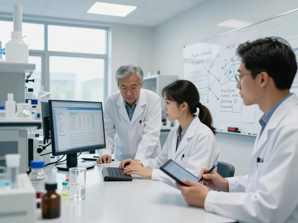 MB66 research team in modern lab analyzing HIV prevention technology.