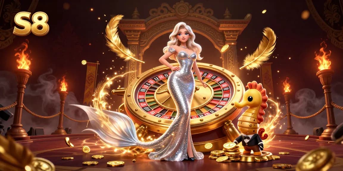 S8 casino action with a stunning woman and seahorse beside golden roulette wheel