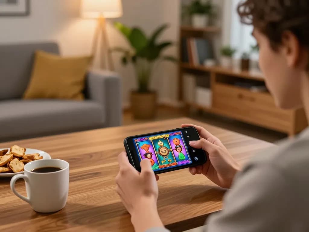 Player enjoying a gincal slot machine game on their smartphone in a cozy home setting.