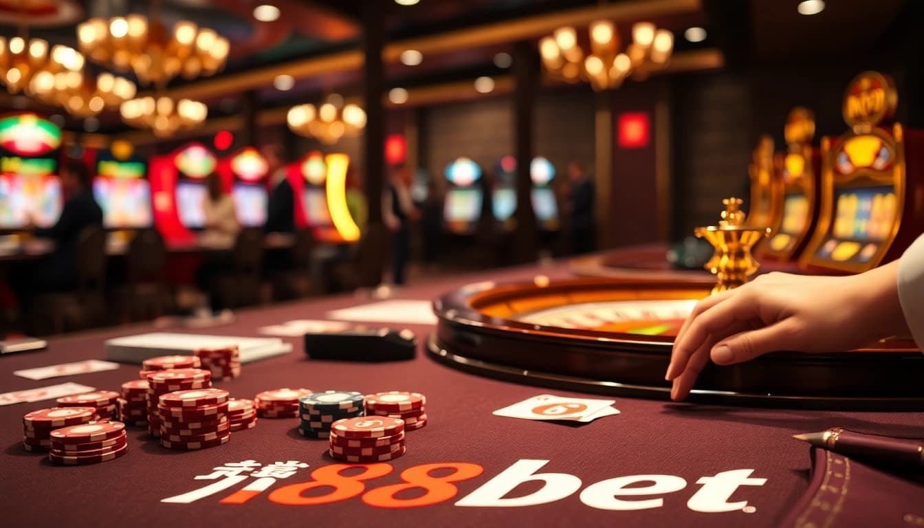 Experience excitement with 188bet at a luxurious casino table featuring poker chips and roulette wheel.