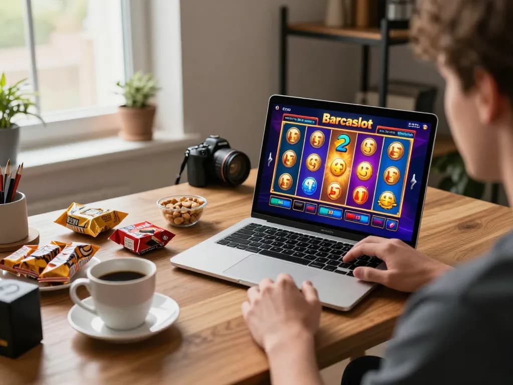 Pemain Barcaslot terlibat dalam permainan slot online di tempat kerja rumah yang nyaman dengan layar yang cerah