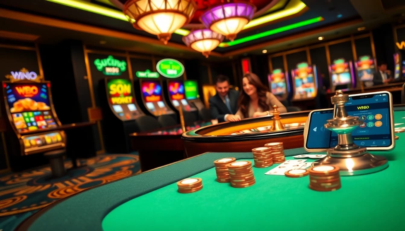 Experience the thrill of gambling with W88 at an elegant poker table surrounded by vibrant slot machines.