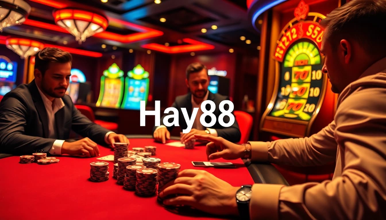 Hay88 gamblers at a high-stakes poker table enjoying the excitement of a professional casino.