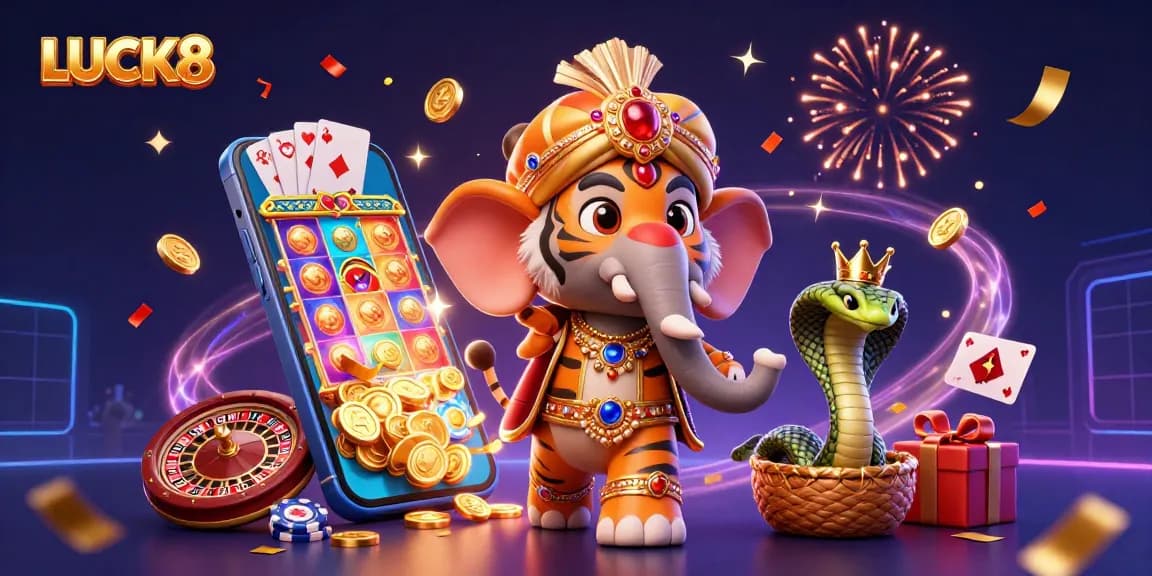 Experience the vibrant energy of LUCK8 with a 3D illustration of a maharaja, elephant, and slot game action.