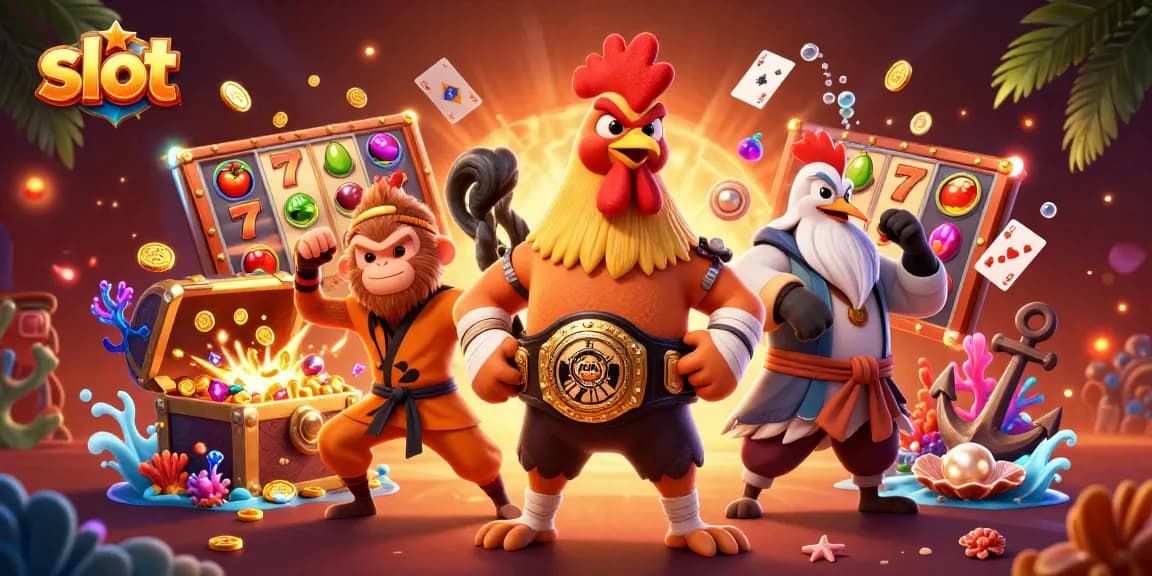Slot penuh warna dengan simbol buah dan jackpot, dikelilingi karakter menarik dalam ilustrasi 3D.