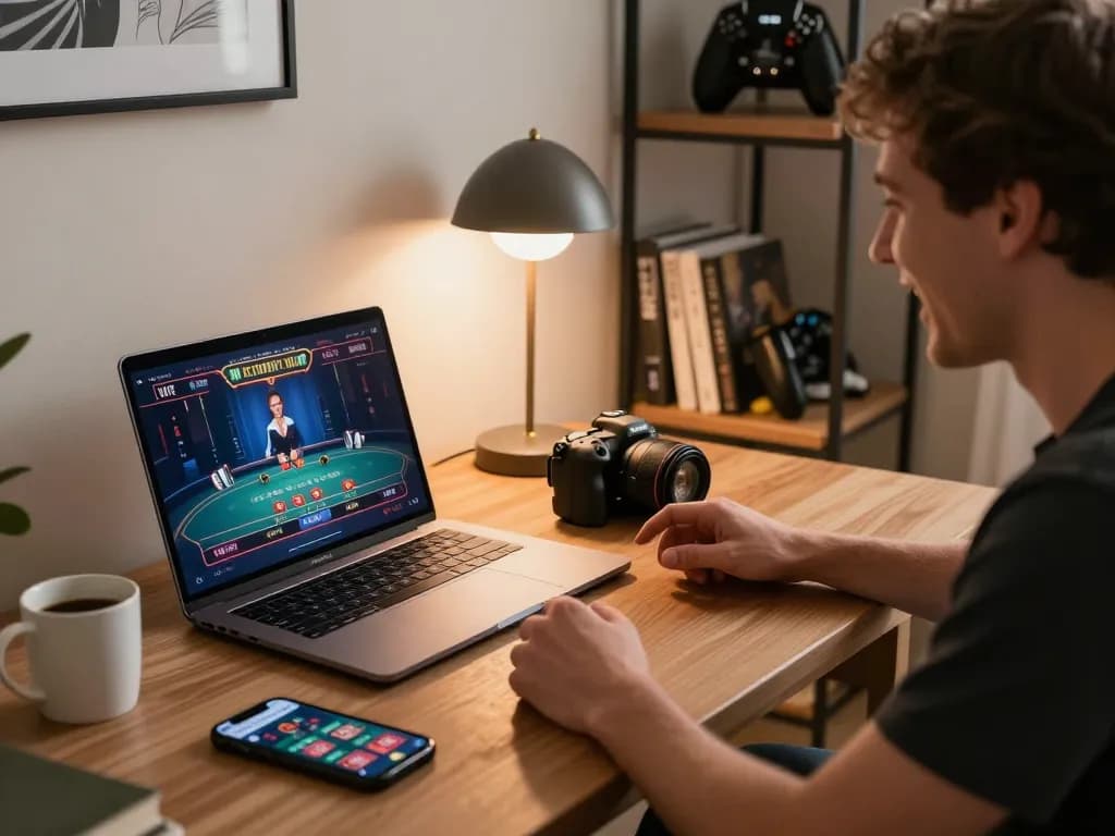 TA88 player engaged in an exciting online casino game on a laptop surrounded by a warm and inviting home atmosphere