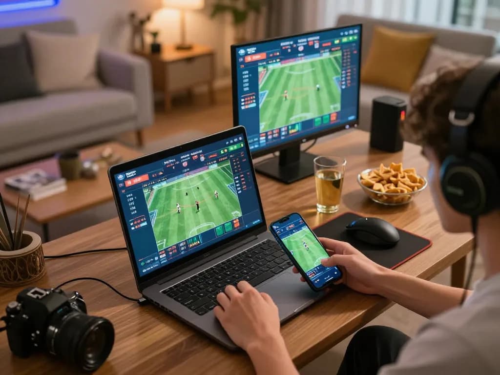 Person enjoying sports betting at home using FLY88 on a laptop and smartphone, capturing gaming excitement.