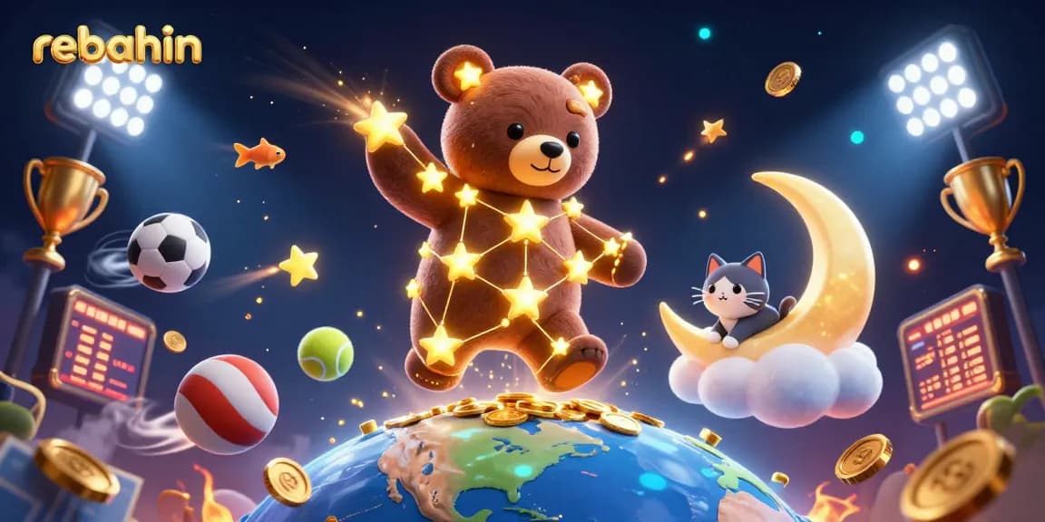 Engage with rebahin through a vibrant 3D casino scene showcasing golden star characters and dynamic sports elements.