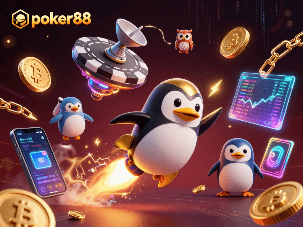 Pengguna poker88 menikmati permainan kasino dengan koin emas berkilau dan tema luar angkasa.