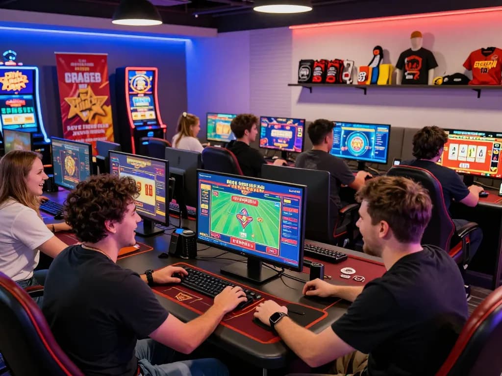 Exciting online gaming scene at HM88 with diverse players enjoying casino games and colorful displays.