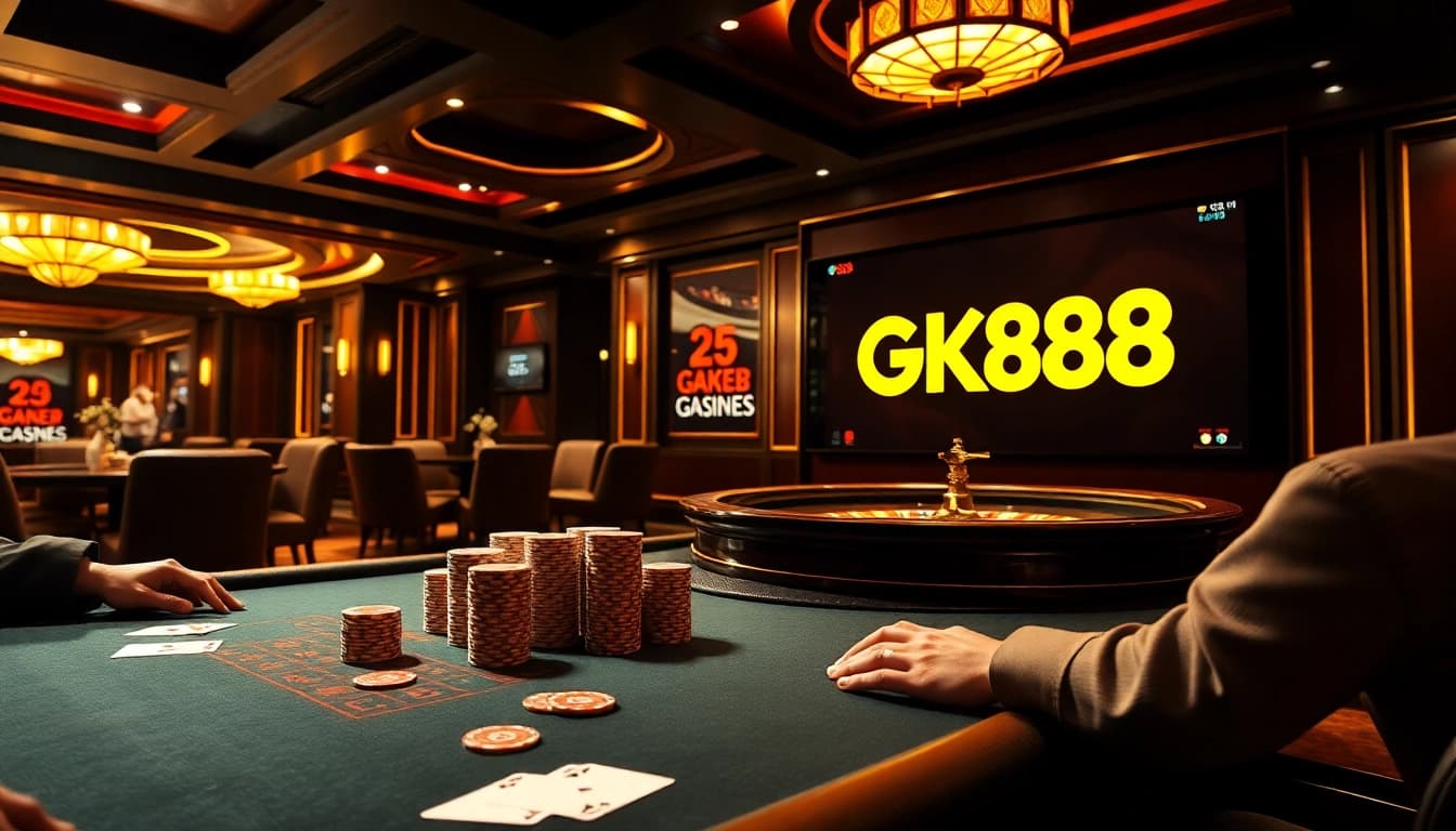 Engage with thrilling gaming at GK88, showcasing poker chips and cards in a vibrant casino atmosphere.