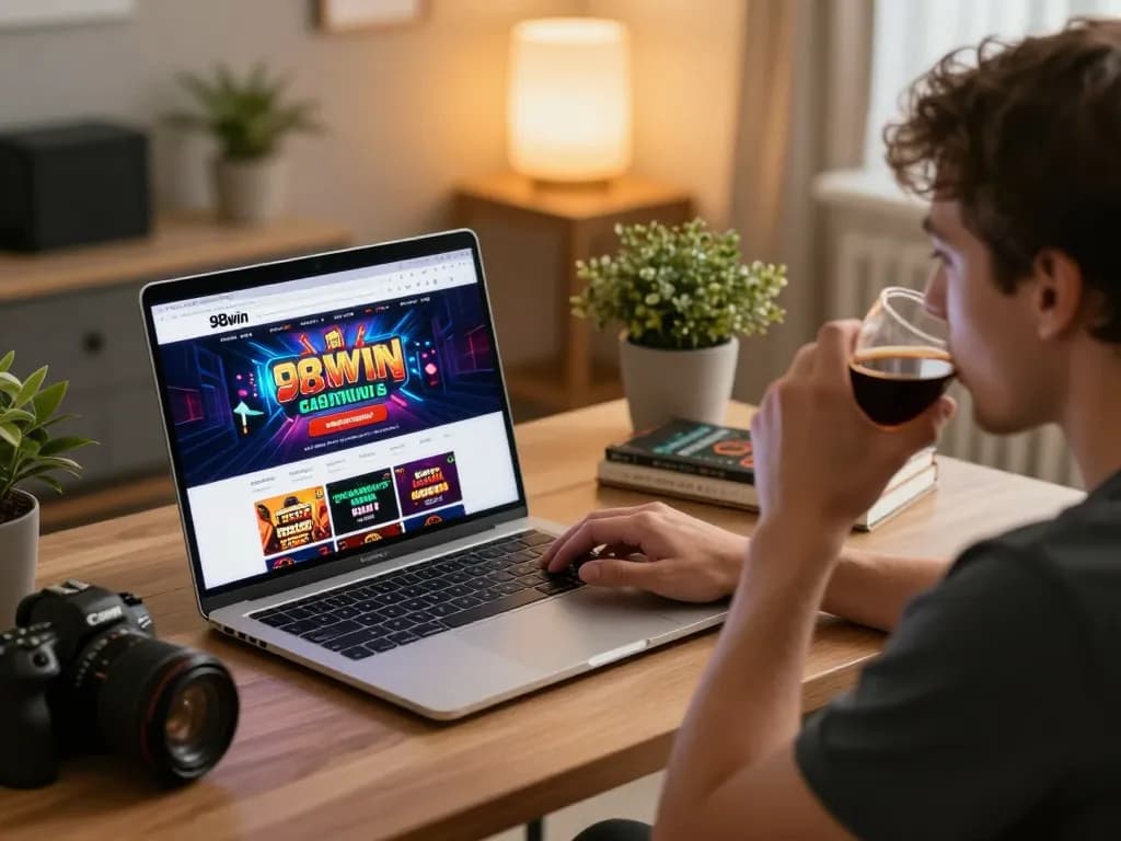A player engaging with 98win's online casino interface on a laptop, highlighting a relaxed gaming atmosphere.