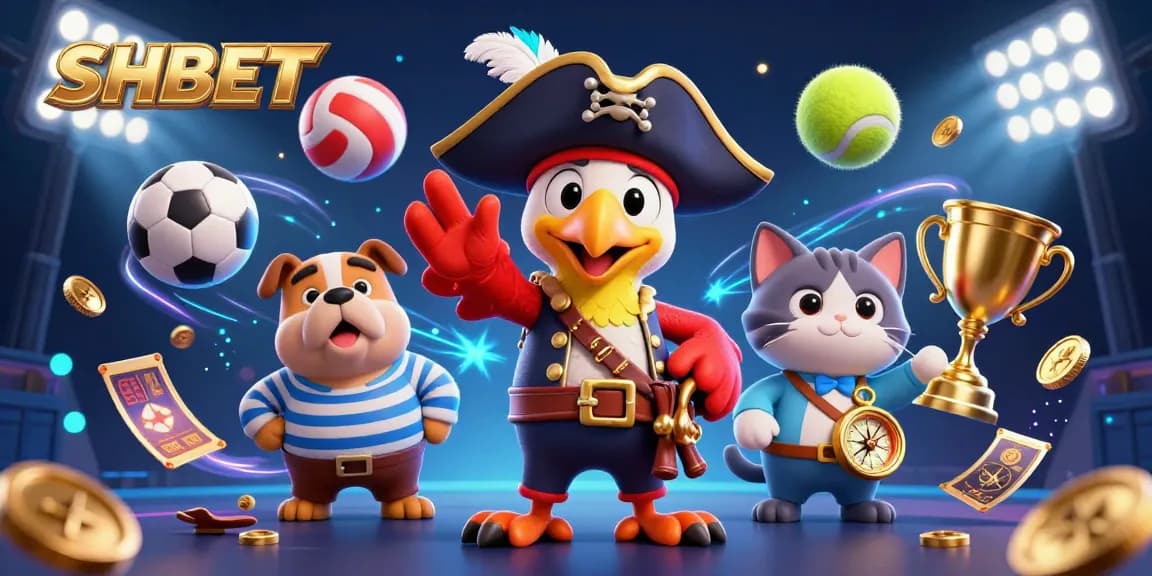 Bet on SHBET's exciting 3D casino adventure with vibrant pirate characters and dynamic sports elements.
