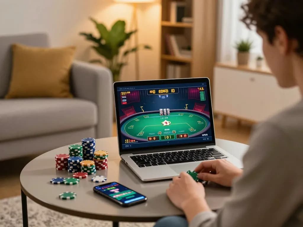 Player strategizing online poker at home while engaged with NK88 betting app and colorful chips.