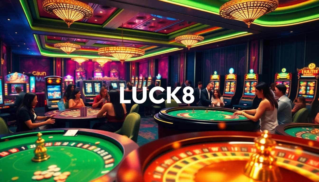 Players enjoying exciting games at LUCK8 Casino with vibrant tables and slots, capturing thrilling moments.