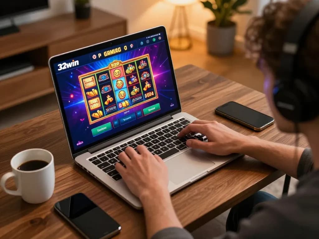 Engaging in the exciting gaming experience at 32win top through online slot game at home.