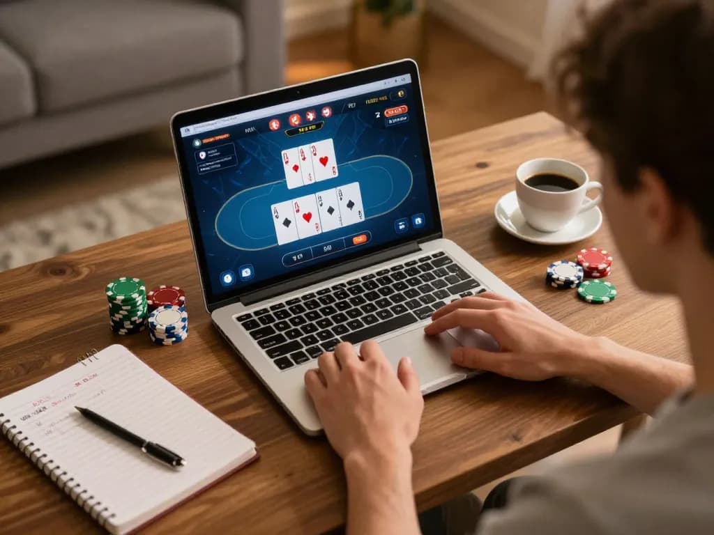 88VIN player immersed in online poker action with strategy notes during a home game.