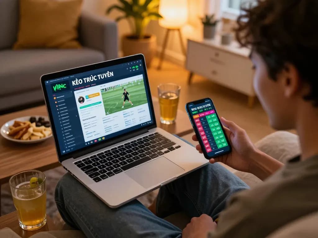 KÈO TRỰC TUYẾN betting dynamics displayed on laptop during an exciting home sports betting session.
