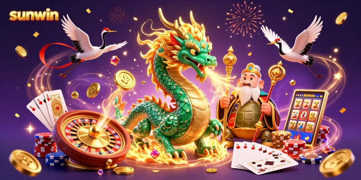 Experience excitement with sunwin's thrilling casino scene featuring a magical dragon, poker elements, and celebration confetti.