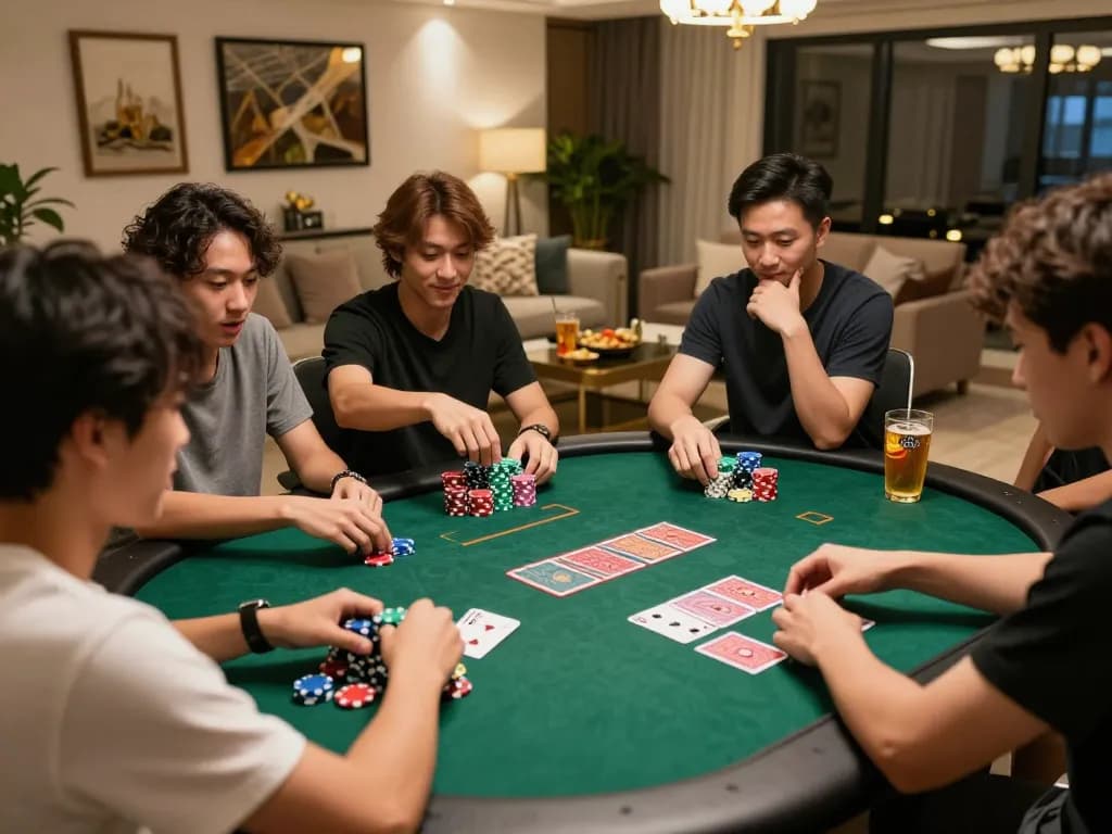 Friends showcasing gameplay in a lively poker night with chips and cards, enhancing game bài interaction