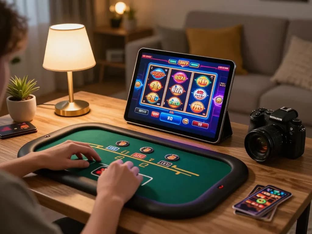 Engholmnds player enjoying online slots in cozy living room setting.