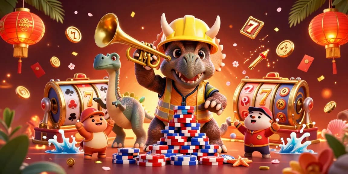 SUNWIN casino scene celebrating with triceratops and parasaurolophus amidst poker chips and slot reels