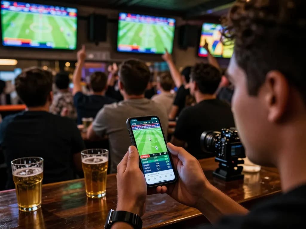 Engaging in sports betting with kèo nhà cái app, capturing real-time odds updates in a lively sports bar