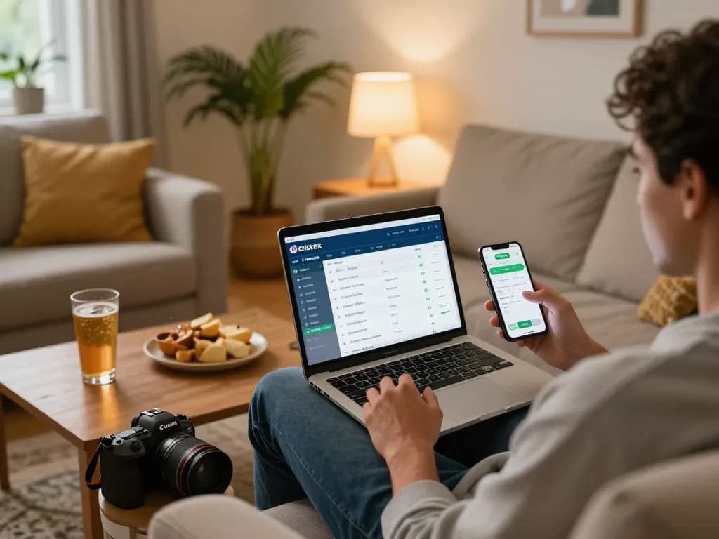 Crickex user engaging in online cricket betting on mobile app at home with strategic approach